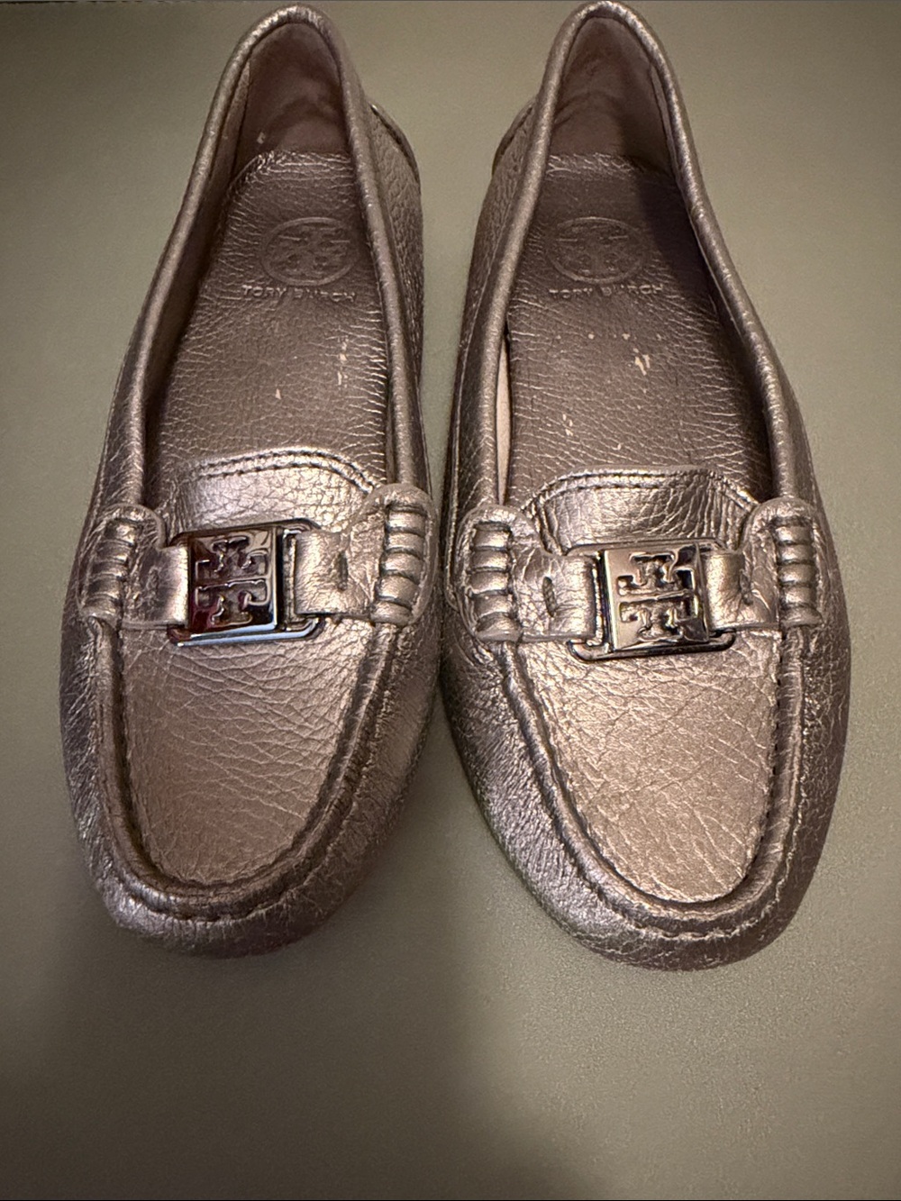 Tory Burch Metallic Pewter Leather Driving Loafers